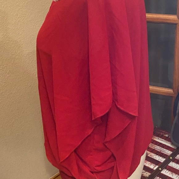 Cranberry red blouse  by Celly K. Beaded neckline with chiffon over - Picture 8 of 8